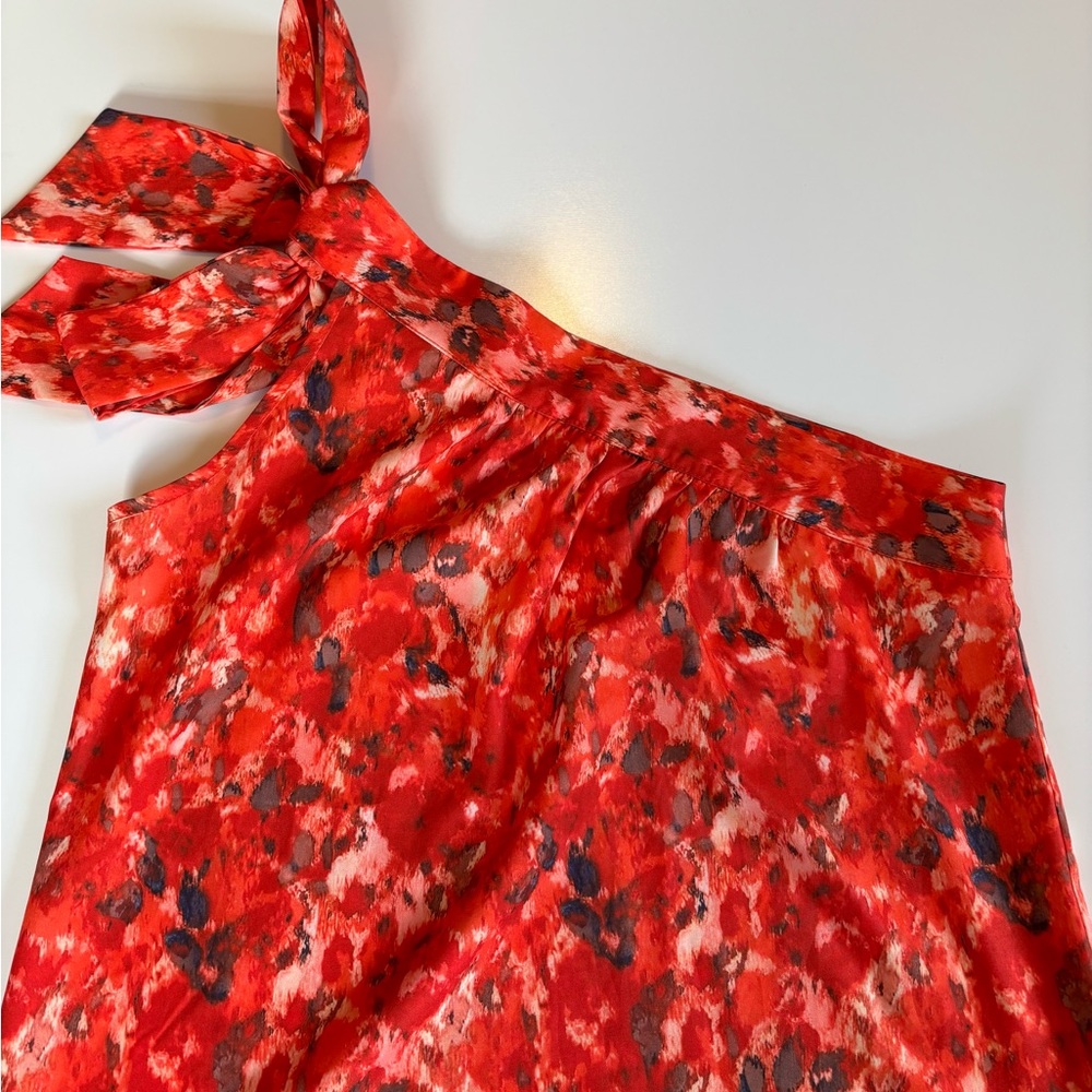 Vibrant Red, Brown, & White Asymmetrical Blouse, Ties into a Bow at one Shoulder - Picture 3 of 6